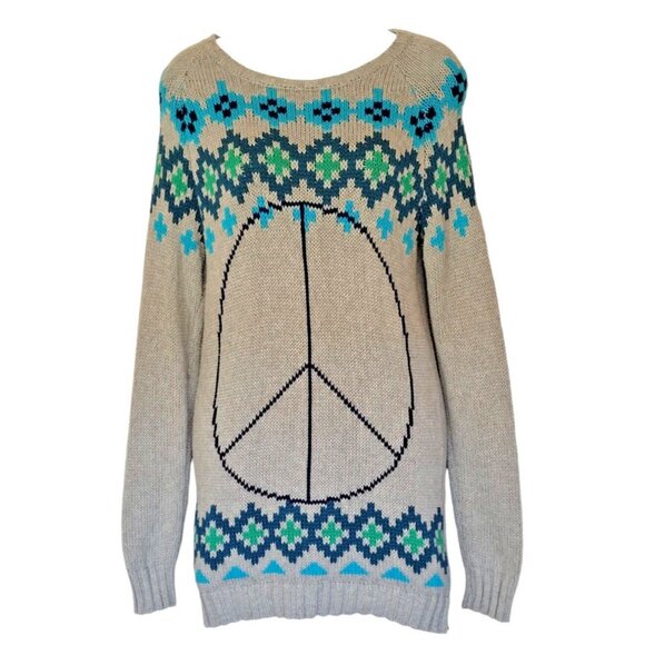 Old Navy Sweater Tunic Girls XL Grey Peace Sign Round Neck Pull Over Ribbed Hem - Picture 2 of 7
